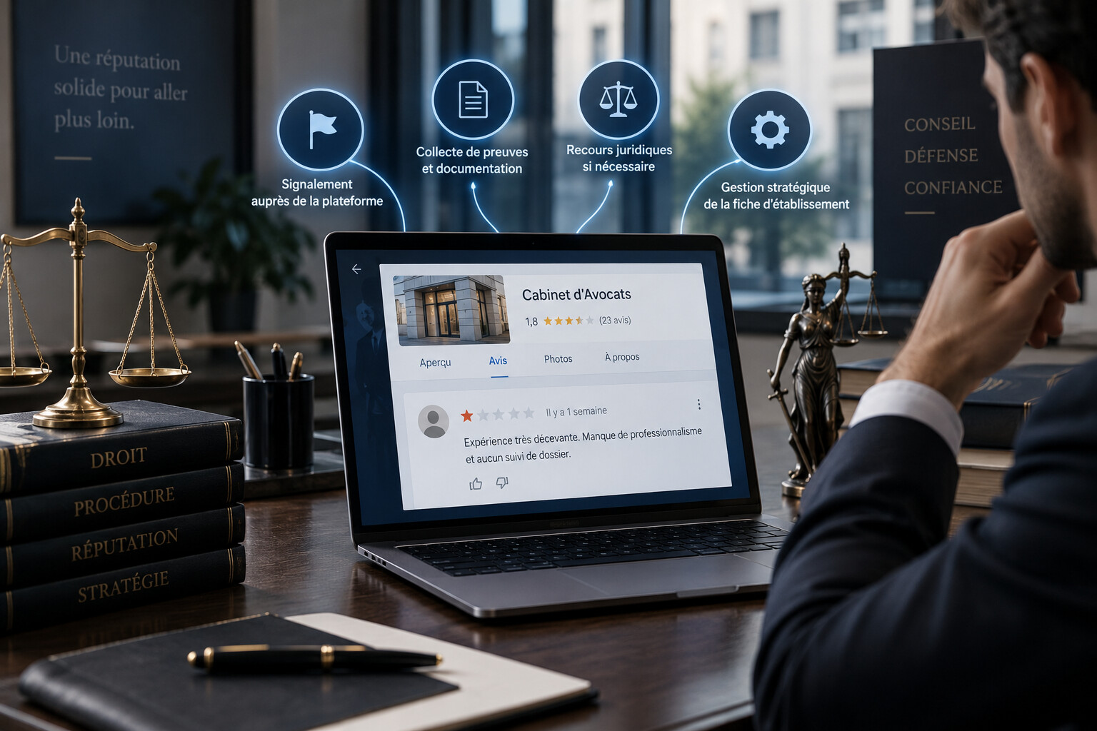 Avocat consultant un avis Google négatif publié sur la fiche de son cabinet, avec les leviers de suppression disponibles